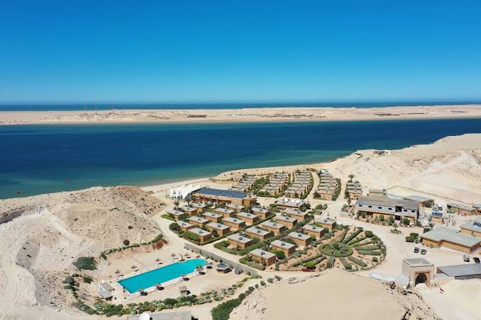 Dakhla Lagoon from above — the peninsula and lagoon of Morocco's southernmost major coastal city